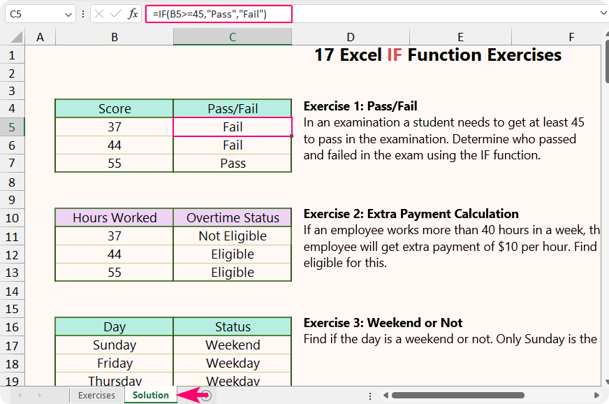 Solution to Excel IF Function Exercises